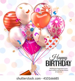 Birthday card with hand holds colorful balloons. Confetti, stars, ribbon and bow on dotted background.  Vector.