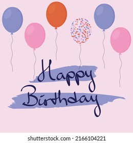 Birthday Card with Handwritten Lettering and Floating Balloons, Premium Vector