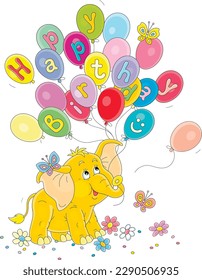 Birthday card with a happy baby elephant holding colorful balloons among flowers and merry butterflies, vector cartoon illustration on a white background