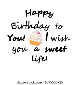 Birthday card "Happy birthday", black text on white background, vector illustration.