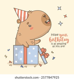 Birthday card. Happy Capybara in birthday cap in festive gift box. Cute holiday cartoon kawaii character animal with cool slogan. Vector illustration. Kids collection