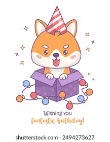 Geburtstagskarte. Glücklicher Hund Shiba Inu mit Geburtstagskappe in Geschenkbox mit festlicher Girlande. Nettes Ferien Cartoon kawaii Charakter Haustier. Vektorillustration. Kollektion für Kinder