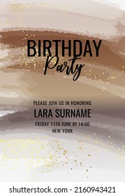 Birthday card happy birthday event invitation, anniversary greeting card design, brown violet watercolor background, golden texture 