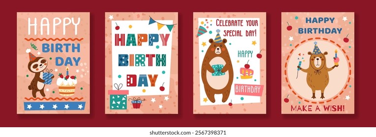 Birthday card. Happy kids party celebration. Elements hat, cake, animal character. Bear and sloth. Poster with gifts, confetti decoration. Banner balloons. Vector tidy cartoon flat isolated background