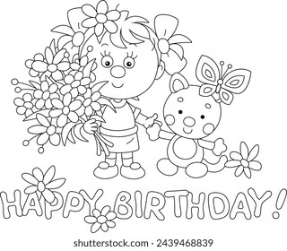 Birthday card with a happy little girl holding a funny toy cat with a butterfly and a beautiful bouquet of summer flowers, black and white outline vector cartoon illustration for a coloring book