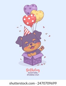 Tarjeta de cumpleaños. Cachorro feliz con en gorra de cumpleaños con globos en caja de regalo festiva. Lindo dibujo animado de vacaciones kawaii personaje animal perro Rottweiler. Ilustración vectorial. Colección de niños.