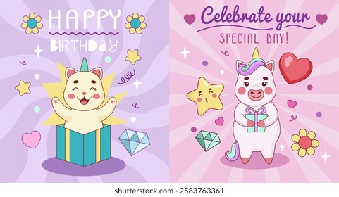 Birthday card with happy unicorn. Kawaii cat. Cute kids holiday. Baby love. Funny cartoon horse. Pink frame. Fairy pony. Children celebration. Animal character with gift box. Vector tidy banners set