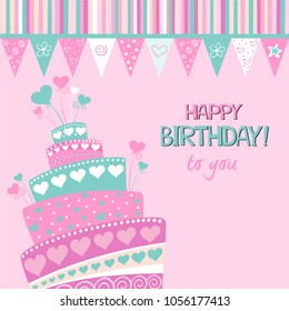 Birthday card. Happy birthday to you. Celebration pink background with  Birthday cake, bunting garland and place for your text.  illustration