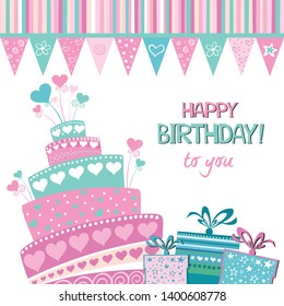 Birthday card. Happy birthday to you. Celebration white background with  Birthday cake, bunting garland, gift boxes, hearts and place for your text. Vector illustration