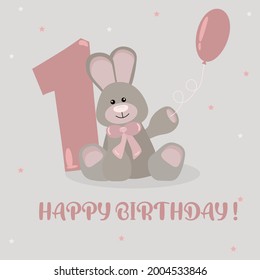 Birthday card. Hare, rabbit. 1 year old child. Birthday 