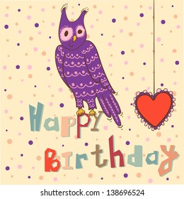 Birthday card with heart and owl on the beige background