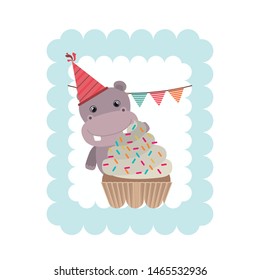 birthday card and hippo with hat party