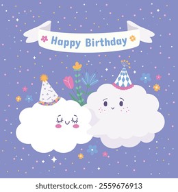 Birthday card with hugging clouds and flowers on a purple background