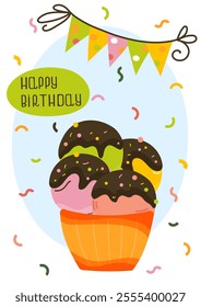 Birthday card with ice cream, chocolate toppings, colorful confetti, and bunting. Ideal for party invitations, greeting cards, or festive event promotions