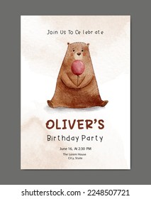 Birthday Card Invitation with bear holding balloon watercolor template background