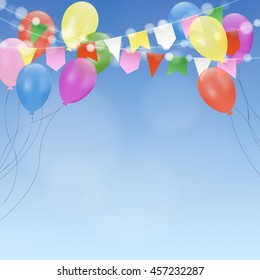 Birthday card invitation with bright party balloons and flags. Garden party decoration. Modern blurred background. 