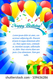 Birthday card invitation with colorful balloons and gifts
