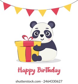 Birthday card, invitation concept with cute panda holding a gift box.