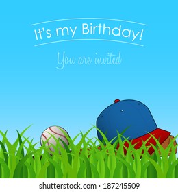 Birthday Card, Invitation To The Birthday Party With Baseball Cap, Ball, And Bat On Grass In A Sunny Day