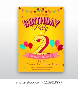 Birthday card invitation template with number 2 (two). 2nd birthday celebration card design. 