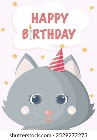 Birthday card for kid with kitty cat in hat and happy birthday text