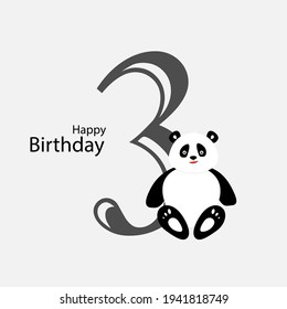 birthday card for kids with cute panda. 3 year old. Vector illustration.