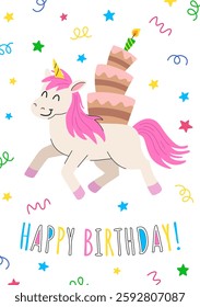 Birthday card for kids with cute unicorn carrying birthday cake on its back. Party invitation or holiday greeting design template.
