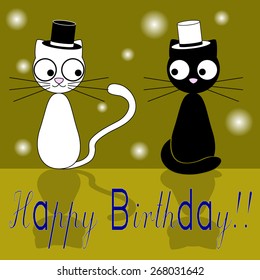 birthday - card / label with blue text "Happy Birthday" gold and black with one white cat and one black cat both in top hats