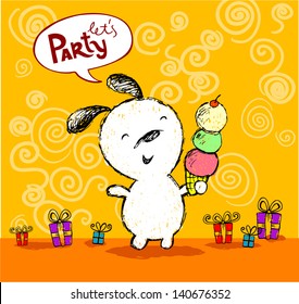 Birthday card, Let's Party. Vector illustration.