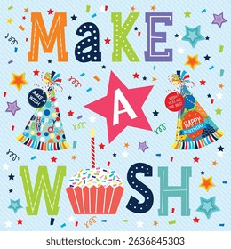 Birthday card with lettering, hat, cup cake and confetti