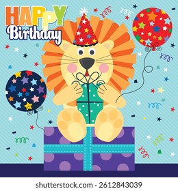 Birthday card with lion, gifts and balloons