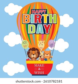Birthday card with lion, tiger and giraffe in air balloon