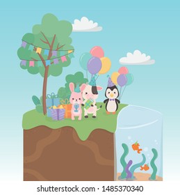 birthday card with little animals in the field characters