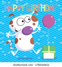 Birthday card with little dog and present.