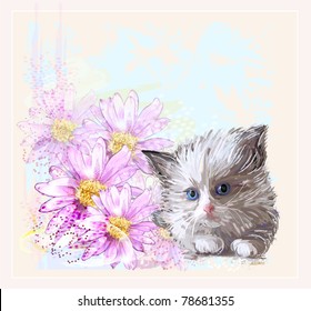 birthday card with  little fluffy kitten and flowers