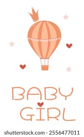 Birthday card for a little girl with a beautiful balloon, stars and hearts