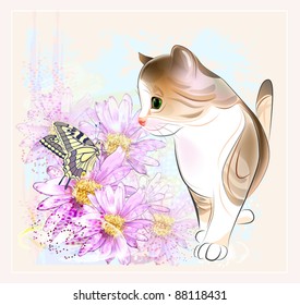  birthday card with  little tabby kitten, flowers and  butterfly . Watercolor style.