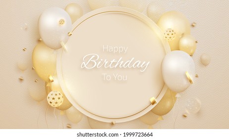 Birthday card with luxury balloons and ball with ribbons. Realistic 3d style on cream background. Vector illustration for design.