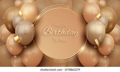 Birthday card with luxury balloons and gold ribbon. 3d realistic style. vector illustration for design.