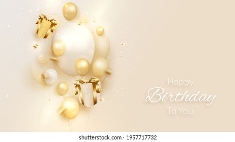 Birthday card with luxury balloons and ribbon, gift box 3d style realistic on cream shade background. vector illustration for design.