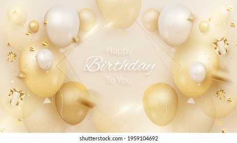 Birthday card with luxury balloons and ribbon, gift box 3d style realistic on cream shade background. vector illustration for design.