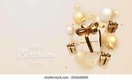 Birthday card with luxury balloons and ribbon, gift box 3d style realistic on cream shade background. vector illustration for design.