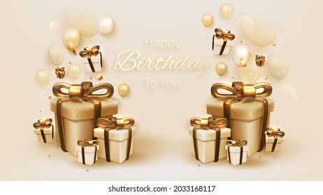 Birthday card with luxury balloons and ribbon, gift box 3d style realistic on cream shade background. vector illustration for design.