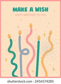 Birthday card. Make a wish. Card with candles, text, sparkles, stars. Festive illustration for the occasion. Greeting. Blow out the candles