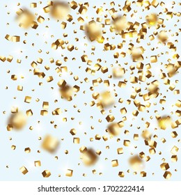 Birthday Card with Metallic Texture. Chaotic Confetti Backdrop. Foil Border. Geometric Anniversary Card. Gold Confetti. Isolated Golden Cube Particles. Vector Square Bokeh. Iridescent Background.