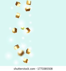 Birthday Card with Metallic Texture. Chaotic Confetti Backdrop. Foil Border. Vector Square Bokeh. Iridescent Background. Geometric Anniversary Card. Gold Confetti. Isolated Golden Cube Particles.