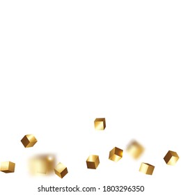 Birthday Card with Metallic Texture. Geometric Anniversary Card. Gold Confetti. Isolated Golden Cube Particles. Vector Square Bokeh. Iridescent Background. Chaotic Confetti Backdrop. Foil Border.