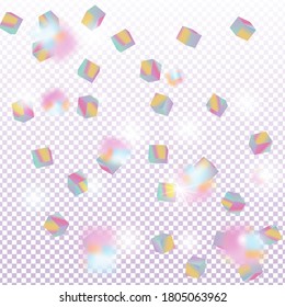 Birthday Card with Metallic Texture. Geometric Anniversary Card. Vector Square Bokeh. Iridescent Background. Holo Confetti. Isolated Holographic Cube Particles. Chaotic Confetti Backdrop. Foil Border.