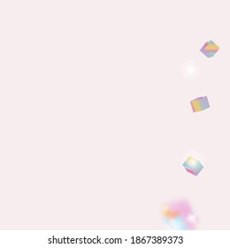 Birthday Card with Metallic Texture. Geometric Anniversary Card. Holo Confetti. Isolated Holographic Cube Particles. Vector Square Bokeh. Iridescent Background. Chaotic Confetti Backdrop. Foil Border.