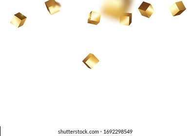 Birthday Card with Metallic Texture. Gold Confetti. Isolated Golden Cube Particles. Geometric Anniversary Card. Vector Square Bokeh. Iridescent Background. Chaotic Confetti Backdrop. Foil Border.